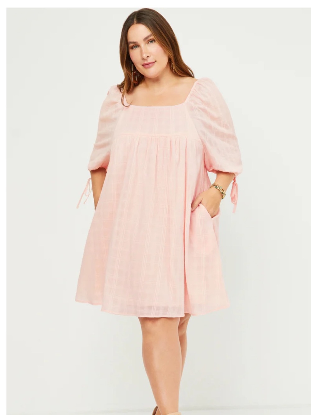 Hayden Textured Solid Checkered Tie Sleeve Square Neck Dress Large